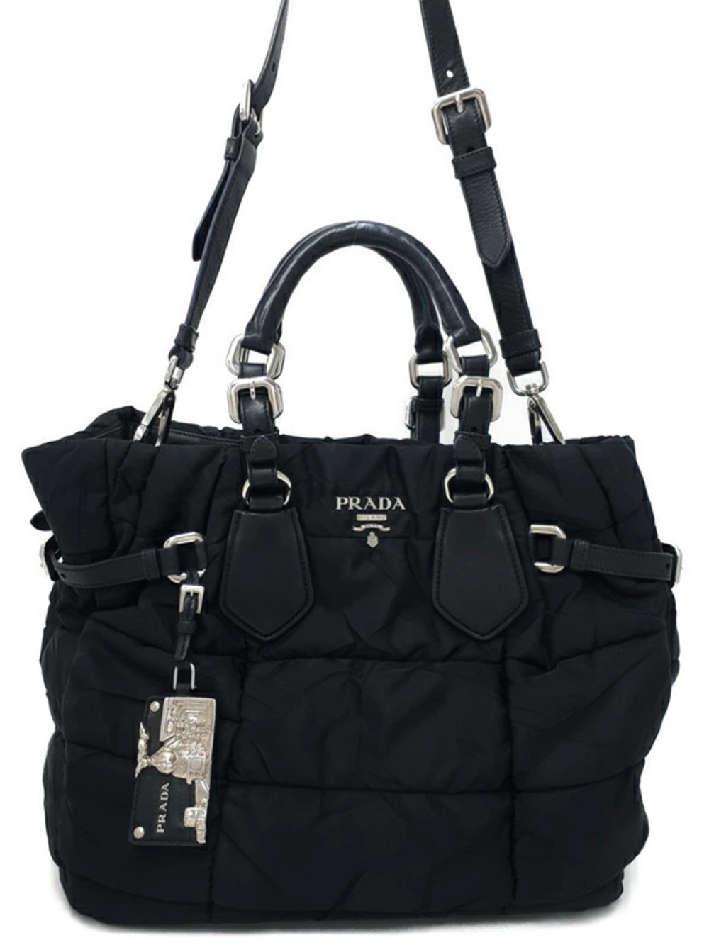 Prada black quilted tote bag rolled leather top handles